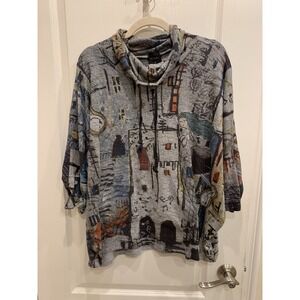Inoah "Music Tower Print", soft Knit, Cowl Neck Draw String Shirt Sz S